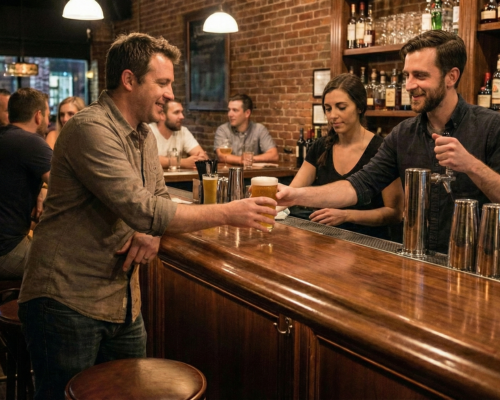 Customer picking up their drink at the bar