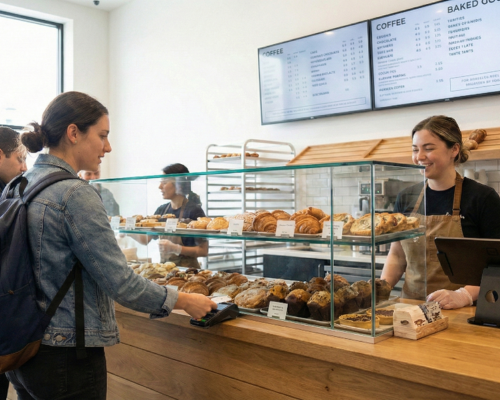 Customer paying at bakery counter