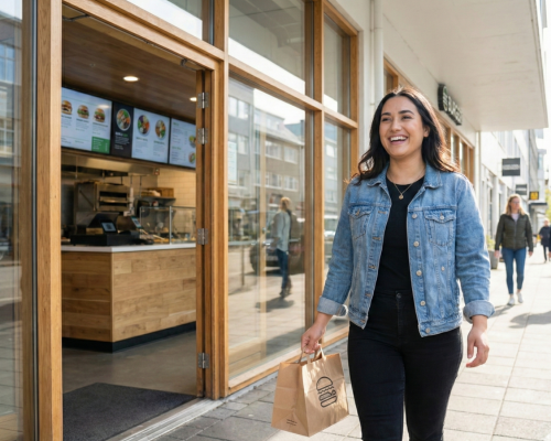 Happy customer leaving with their takeaway food