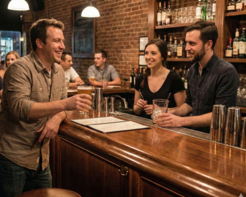 Happy customer leaving with their drink