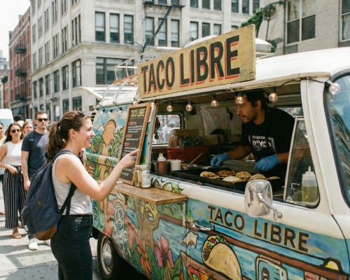 Customer ordering at food truck window