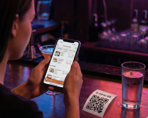 Guests scanning a QR code at a brewery table
